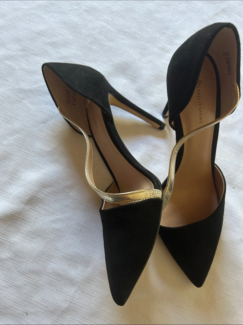 Call It Spring Black Pointed D'Orsay Heels with Gold Accent Strap